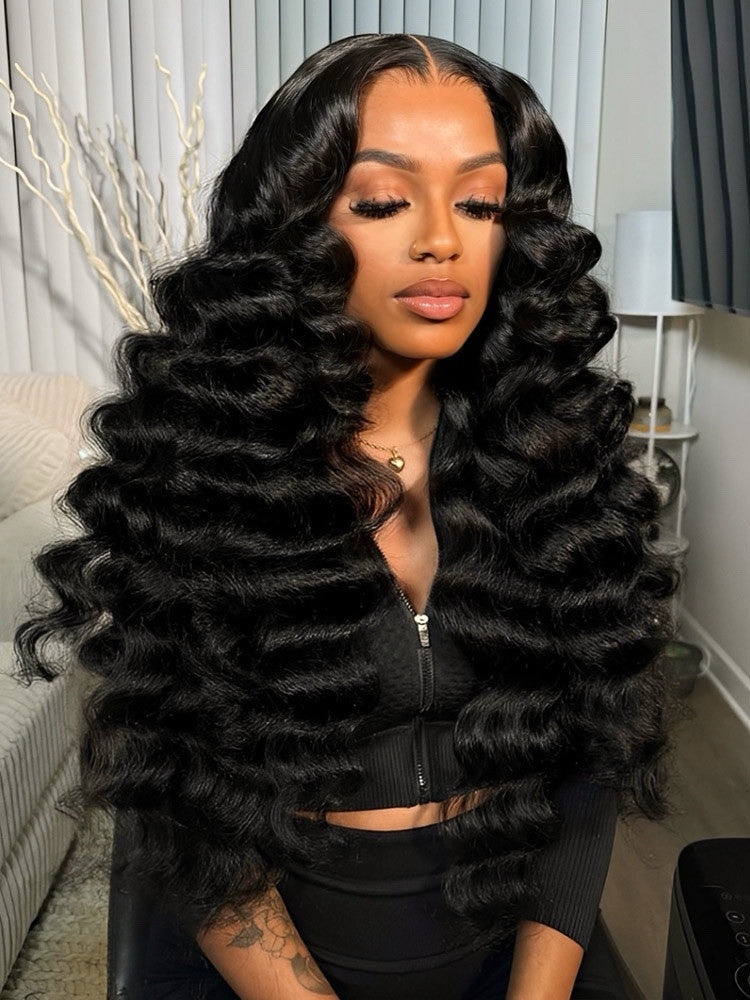Vietnamese Human Hair Glueless Lace Front Pre Styled Loose Wave Wand Curl 250% Density Wig