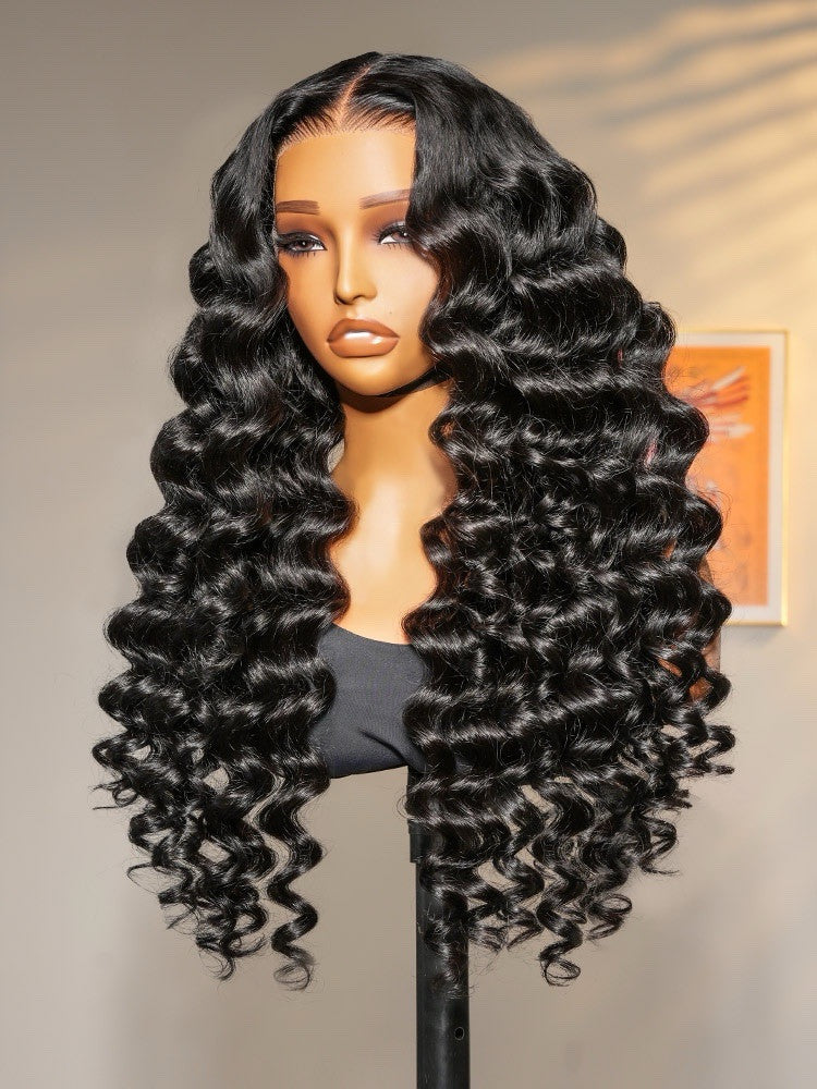 Vietnamese Human Hair Glueless Lace Front Pre Styled Loose Wave Wand Curl 250% Density Wig